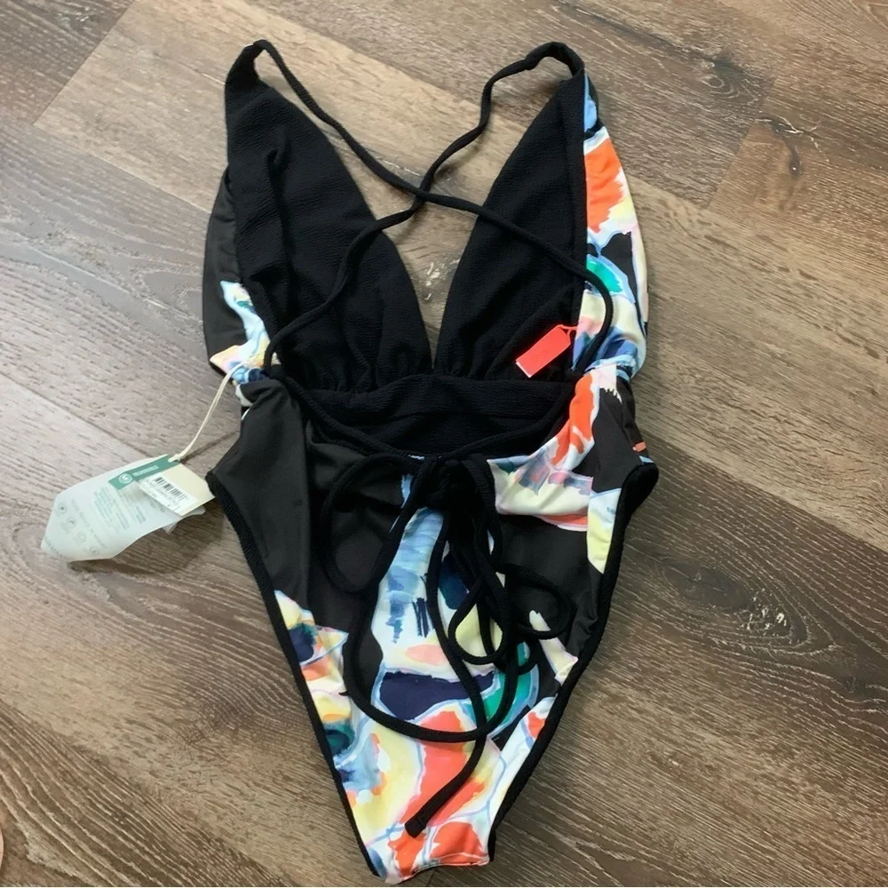 Maaji Womens jungle rainbow plunge v neck reversible tie back one piece swim M